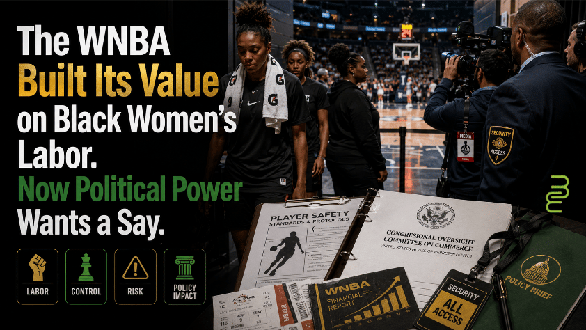 Black women basketball players in a WNBA arena corridor beside player-safety documents, media cameras, security barriers, and congressional oversight materials.