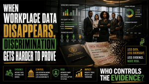 Editorial image showing workplace data, demographic reporting, and civil rights enforcement at risk as EEOC rules shift.