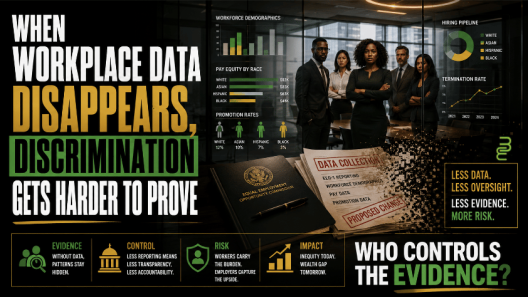 Editorial image showing workplace data, demographic reporting, and civil rights enforcement at risk as EEOC rules shift.