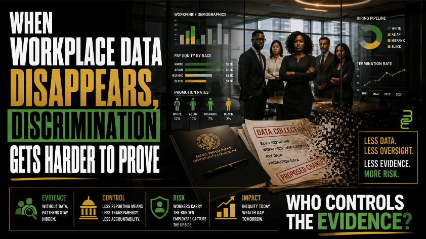 Editorial image showing workplace data, demographic reporting, and civil rights enforcement at risk as EEOC rules shift.