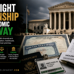 Supreme Court with birth certificate, Social Security document, school enrollment form, housing application, passport, and employee ID showing citizenship as an economic gateway.