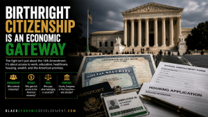 Supreme Court with birth certificate, Social Security document, school enrollment form, housing application, passport, and employee ID showing citizenship as an economic gateway.