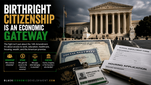 Supreme Court with birth certificate, Social Security document, school enrollment form, housing application, passport, and employee ID showing citizenship as an economic gateway.