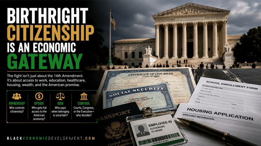 Supreme Court with birth certificate, Social Security document, school enrollment form, housing application, passport, and employee ID showing citizenship as an economic gateway.