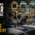 African technicians assemble solar panels in a factory while imported solar cells and high-value components highlight Africa’s upstream manufacturing ownership gap.