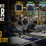 African technicians assemble solar panels in a factory while imported solar cells and high-value components highlight Africa’s upstream manufacturing ownership gap.