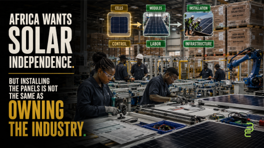 African technicians assemble solar panels in a factory while imported solar cells and high-value components highlight Africa’s upstream manufacturing ownership gap.