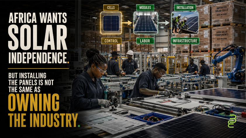 African technicians assemble solar panels in a factory while imported solar cells and high-value components highlight Africa’s upstream manufacturing ownership gap.