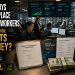 Modern workplace showing human workers, AI systems, robotics, payroll documents, equity agreements and financial statements illustrating who captures the economic gains when AI replaces labor.