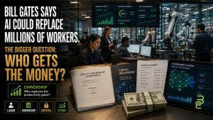 Modern workplace showing human workers, AI systems, robotics, payroll documents, equity agreements and financial statements illustrating who captures the economic gains when AI replaces labor.