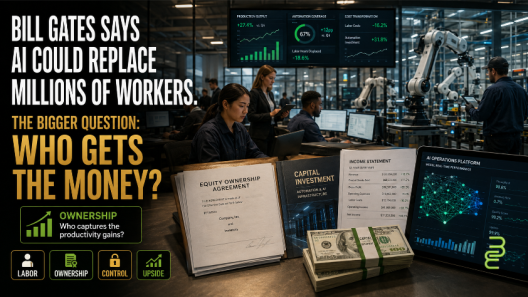 Modern workplace showing human workers, AI systems, robotics, payroll documents, equity agreements and financial statements illustrating who captures the economic gains when AI replaces labor.