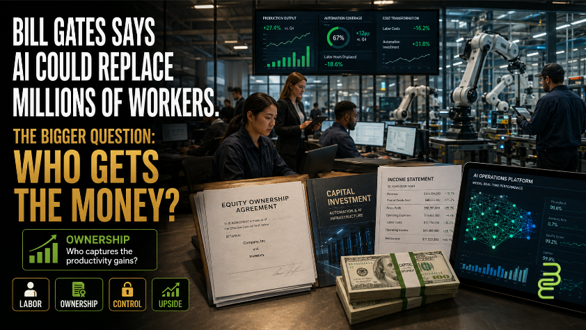 Modern workplace showing human workers, AI systems, robotics, payroll documents, equity agreements and financial statements illustrating who captures the economic gains when AI replaces labor.