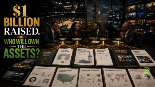 Black investment executives review acquisition documents for a professional basketball franchise, broadcast infrastructure and media intellectual property after BlackSun Private Equity raised $1 billion for Mega Fund I.