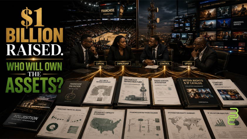 Black investment executives review acquisition documents for a professional basketball franchise, broadcast infrastructure and media intellectual property after BlackSun Private Equity raised $1 billion for Mega Fund I.