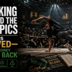 Black breaker competes in a grassroots breaking battle as arena lights, broadcast cameras, and sponsor infrastructure loom behind the circle, illustrating the tension between cultural ownership and outside commercial capital.
