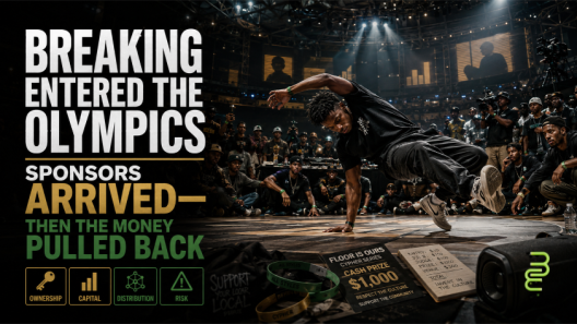 Black breaker competes in a grassroots breaking battle as arena lights, broadcast cameras, and sponsor infrastructure loom behind the circle, illustrating the tension between cultural ownership and outside commercial capital.