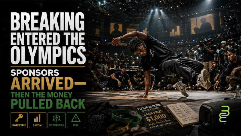 Black breaker competes in a grassroots breaking battle as arena lights, broadcast cameras, and sponsor infrastructure loom behind the circle, illustrating the tension between cultural ownership and outside commercial capital.