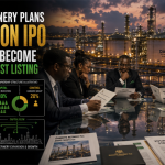 African investors review the planned $5 billion Dangote Refinery IPO as the Lagos refinery and an ownership-versus-control diagram appear behind them.