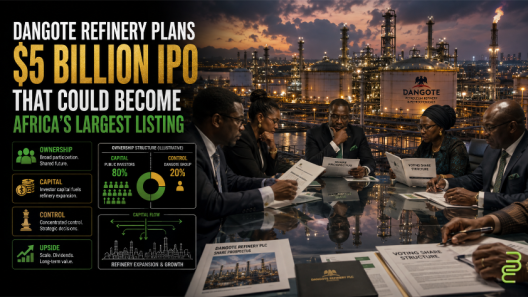 African investors review the planned $5 billion Dangote Refinery IPO as the Lagos refinery and an ownership-versus-control diagram appear behind them.