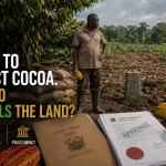 Ghanaian cocoa farmer standing between mature cocoa trees and cleared farmland, with land documents and cocoa pods highlighting the tension between farmer ownership and government control over land use.