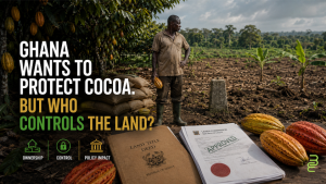 Ghanaian cocoa farmer standing between mature cocoa trees and cleared farmland, with land documents and cocoa pods highlighting the tension between farmer ownership and government control over land use.