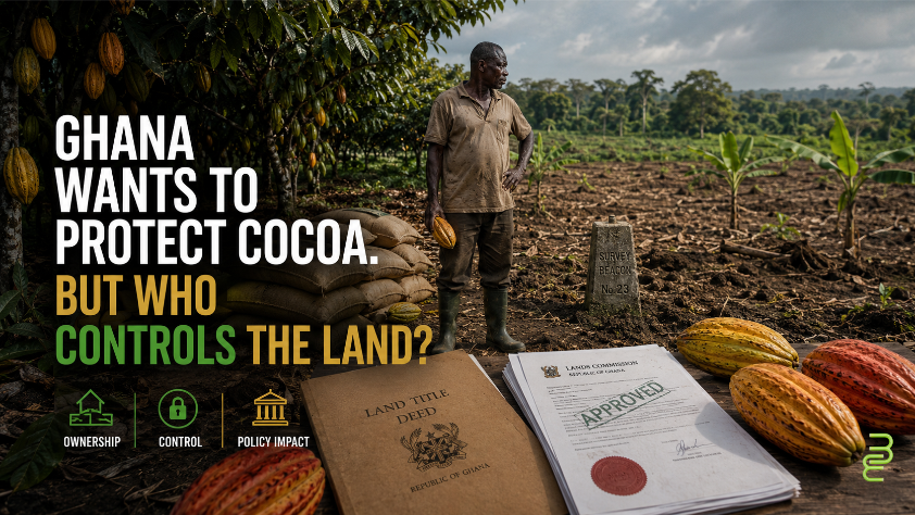 Ghanaian cocoa farmer standing between mature cocoa trees and cleared farmland, with land documents and cocoa pods highlighting the tension between farmer ownership and government control over land use.