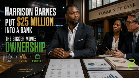Harrison Barnes represented moving from NBA earnings to bank ownership, with a $25 million investment, ownership documents, lending files and balance sheets illustrating labor to capital to ownership.