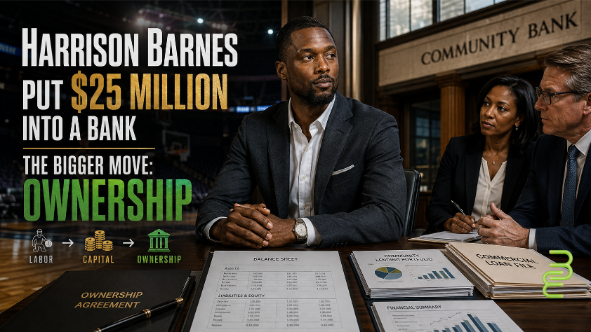 Harrison Barnes represented moving from NBA earnings to bank ownership, with a $25 million investment, ownership documents, lending files and balance sheets illustrating labor to capital to ownership.