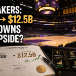 Los Angeles Lakers arena with acquisition document showing valuation rising from $10 billion to $12.5 billion, highlighting ownership, capital, control and upside.