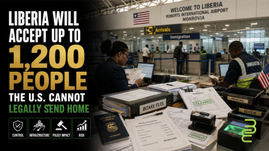 Liberian immigration officials process documents at an airport in Monrovia as Liberia prepares to accept up to 1,200 third-country deportees from the United States.