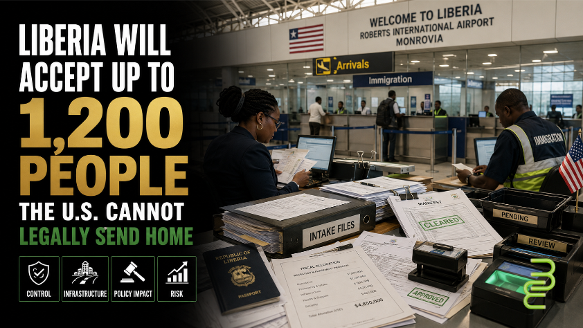 Liberian immigration officials process documents at an airport in Monrovia as Liberia prepares to accept up to 1,200 third-country deportees from the United States.