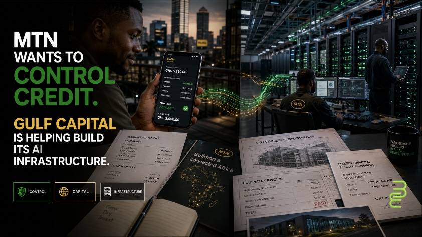 MTN mobile finance and lending shown alongside an African data centre, illustrating MTN’s push into banking and Gulf-backed AI infrastructure investment.