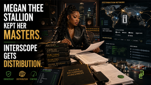Megan Thee Stallion reviewing music assets in a recording studio as master ownership remains with her and Interscope handles global distribution.