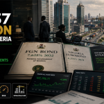 Lagos financial district with Nigerian bond documents and market screens in the foreground and factories and logistics infrastructure in the distance, illustrating that 95.1% of Nigeria’s $10.37 billion in Q1 2026 foreign capital went to portfolio investment while only 1.3% was FDI.