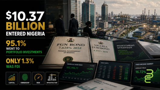 Lagos financial district with Nigerian bond documents and market screens in the foreground and factories and logistics infrastructure in the distance, illustrating that 95.1% of Nigeria’s $10.37 billion in Q1 2026 foreign capital went to portfolio investment while only 1.3% was FDI.