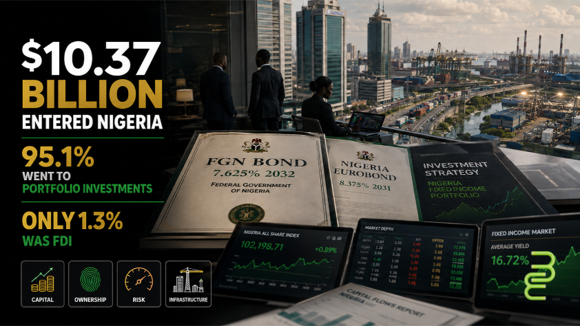 Lagos financial district with Nigerian bond documents and market screens in the foreground and factories and logistics infrastructure in the distance, illustrating that 95.1% of Nigeria’s $10.37 billion in Q1 2026 foreign capital went to portfolio investment while only 1.3% was FDI.