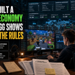 Young Roblox game developer at a creator workstation surrounded by audience and revenue data while platform access, policy, distribution, and enforcement controls loom behind the game.
