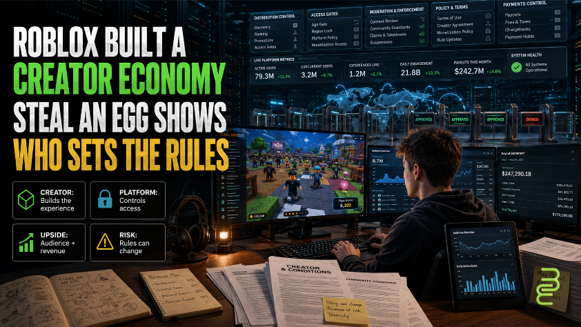 Young Roblox game developer at a creator workstation surrounded by audience and revenue data while platform access, policy, distribution, and enforcement controls loom behind the game.