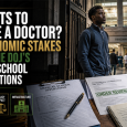 Black aspiring physician standing at the entrance of a teaching hospital beside medical school admissions documents, illustrating federal scrutiny of admissions and the Black physician pipeline.
