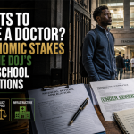 Black aspiring physician standing at the entrance of a teaching hospital beside medical school admissions documents, illustrating federal scrutiny of admissions and the Black physician pipeline.