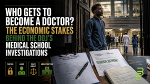 Black aspiring physician standing at the entrance of a teaching hospital beside medical school admissions documents, illustrating federal scrutiny of admissions and the Black physician pipeline.