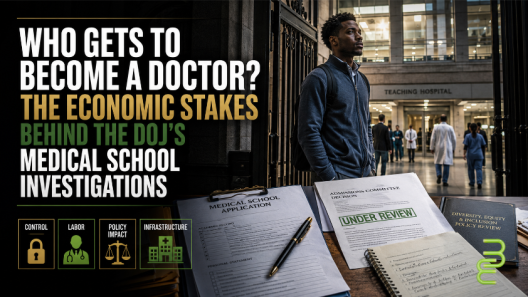 Black aspiring physician standing at the entrance of a teaching hospital beside medical school admissions documents, illustrating federal scrutiny of admissions and the Black physician pipeline.
