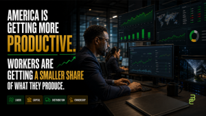 Black professional working with AI productivity systems as rising output contrasts with workers receiving a smaller share of economic production.