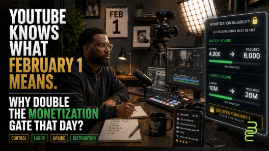 Black creator in a home studio beside a monetization dashboard showing YouTube thresholds rising from 4,000 to 8,000 watch hours and 10 million to 20 million Shorts views, with a February 1 calendar visible.