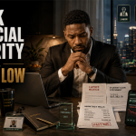Black professional reviewing a layoff notice, student-loan statement, household bills and declining savings beside a college degree and work credentials.