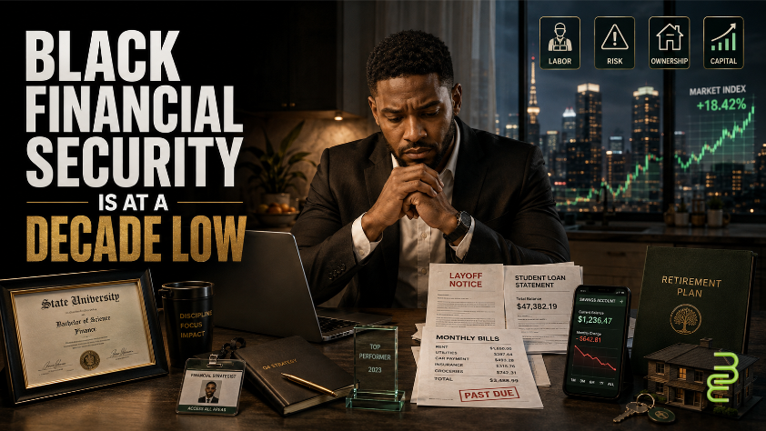 Black professional reviewing a layoff notice, student-loan statement, household bills and declining savings beside a college degree and work credentials.