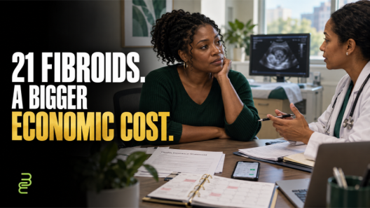 Black woman consulting a physician, with insurance paperwork, a calendar and an appointment phone screen illustrating the economic burden of fibroid care.