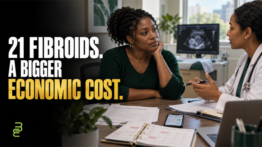 Black woman consulting a physician, with insurance paperwork, a calendar and an appointment phone screen illustrating the economic burden of fibroid care.