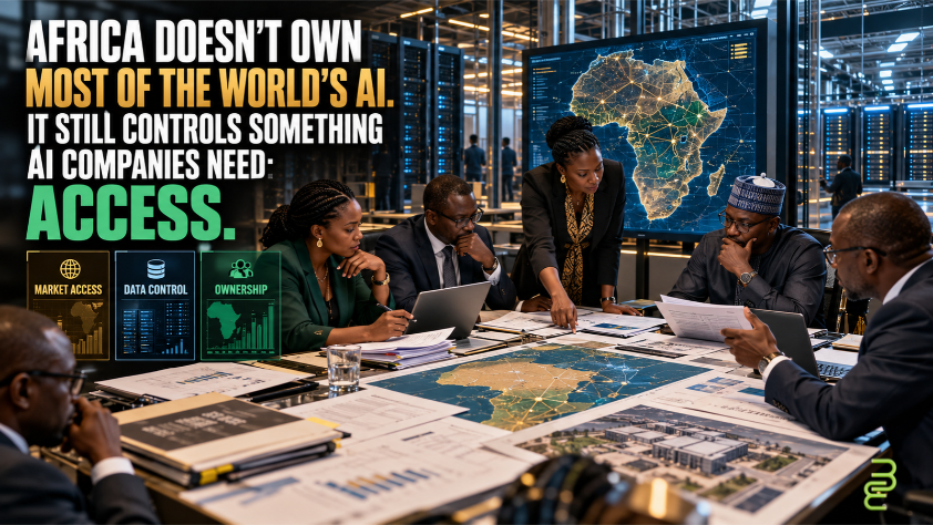 African policymakers and technology leaders review AI governance, procurement and infrastructure plans as a digital map of Africa highlights market access, data control and ownership.