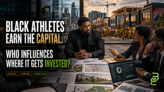 Black professional athlete reviewing investment, acquisition, real estate and community development opportunities with advisers, illustrating who influences where athlete capital gets invested.